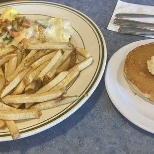 Jalapeño scramble with small pancake ( smaller than utensil) French fries were soggy and not good