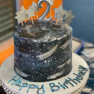 a birthday cake with two candles