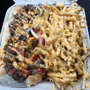 Sriracha cheese steak and garlic cheese fries.