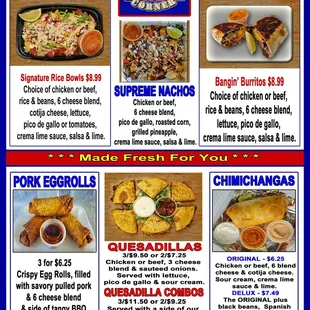J.A.C.'S Corner Menu - Rice Bowls, Nachos, Burritos, Chimis, Quesadillas, Pork EggRolls