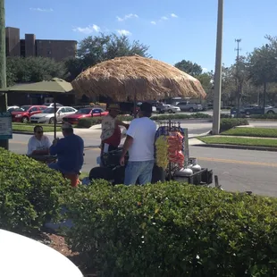 people sitting under a thatched umbrella