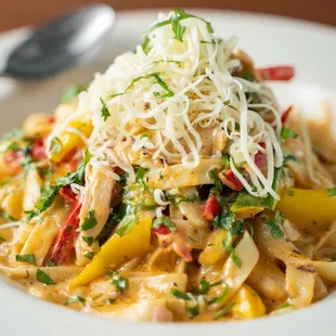 a plate of pasta with chicken and vegetables