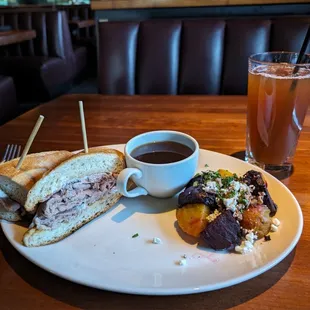 French Dip Sandwich with creamy horseradish, Au Jus, Beets with Goat cheese, Arnold Palmer NA beverage