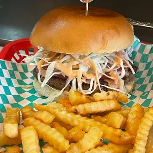 Dominican Burger w/ Fries (handmade beef pattie, topped with onios, tomatoes, shredded cabbage, mayo &amp; ketchup sauce)