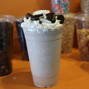 Oreo Milkshake, vanilla ice cream, oreo cookies &amp; whipped cream.