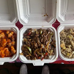 Sweet and sour pork, Mongolian beef over rice, shrimp fried rice