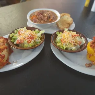 three plates of food