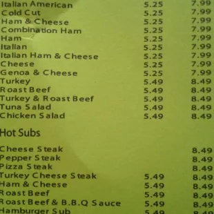 the prices of the menu