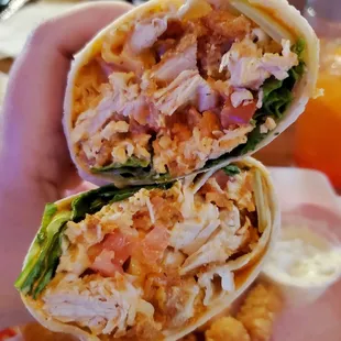 Buffalo chicken wrap with a side of tots