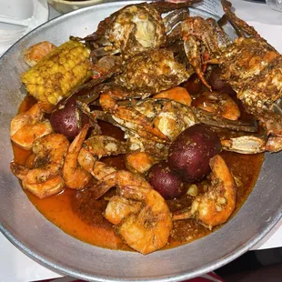 Blue Crab special. Blue crabs corn potatoes shrimps with no head.