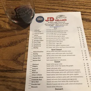 Wine tasting list, generous portions