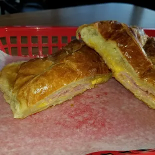Ham sandwich on a croissant, fire