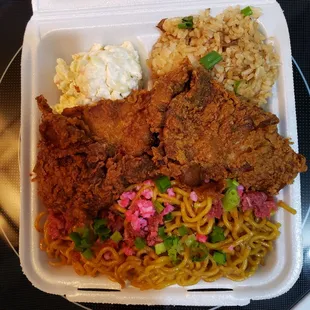 Fried chicken, adobo fried rice, noodles and mac/potato salad. WHOA!!! CHEEHEE, Kanack Attack