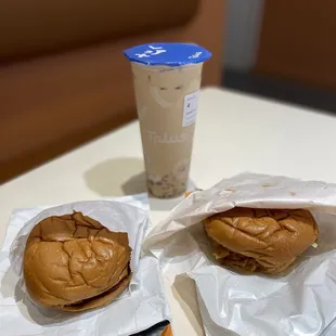 Chicken sandwiches and taro cosmic milk tea