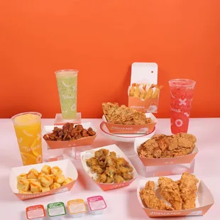 Assorted fried sides and drinks