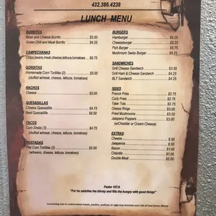 the menu for lunch