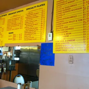 Menu posted on wall when you enter