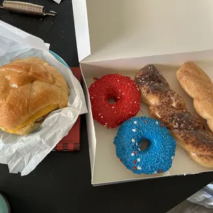 Breakfast biscuit sandwich, donuts
