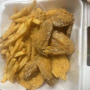 Combo: Fish and wings. It comes with fries.