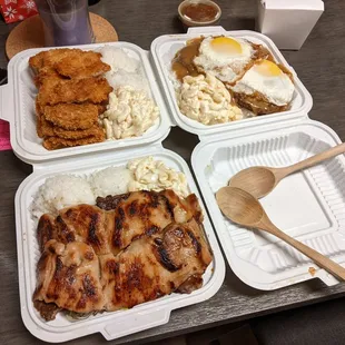 Chicken Katsu, Loco Moco, Hawaiian BBQ mix, and a small side of mixed veggies.