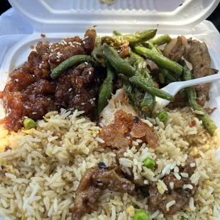 Sesame chicken. Green bean chicken. Fried rice.