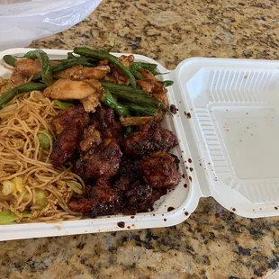 Imperial chicken,string bean chicken, thin chow mein