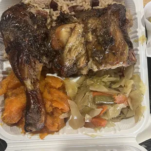 Jerk Chicken, cabbage, yams