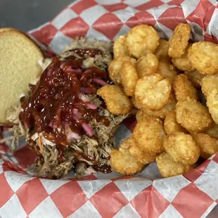 Our pulled pork is always a great choice. Slow smoked, served on a brioche bun and topped with cole slaw, pickled onions and BBQ sauce