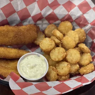 Friday Fish Special! House breaded fried catfish with your choice of a side (pictured here with circle rounds) and homemade tartar sauce.