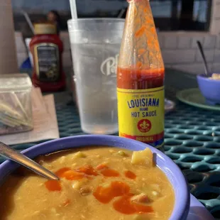 Seafood Gumbo with some Louisiana Hot Sauce!