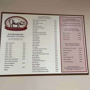 Menu of items available