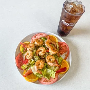 a plate of food and a drink