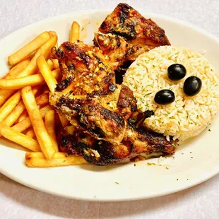 Bbq chicken! With garlic sauce, rice and French fries!