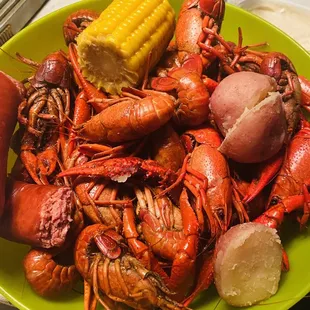 Crawfish, sausage, corn, potatoes
