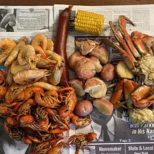 1 lb each of shrimp, crawfish, crab, potatoes &amp; then sausage &amp; corn