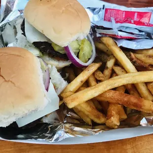 a hamburger and french fries