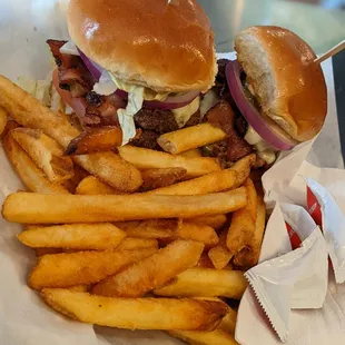 Bacon cheeseburger sliders and fries