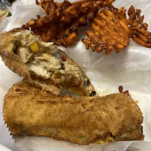 Tex mex chicken egg roll and sweet potato fries