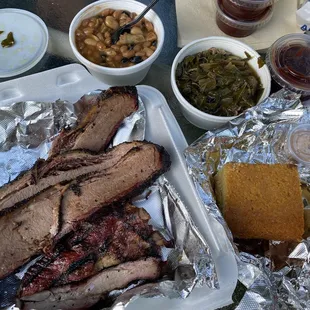 Brisket, ribs, cornbread, baked beans, collard greens