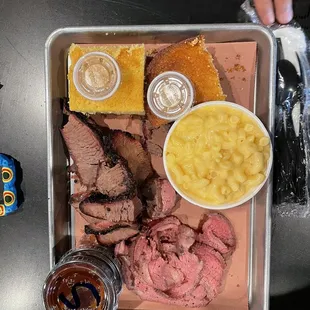 2 meat, 2 sides - brisket, tri-tip, mac &amp; cheese, cornbread, and spicy BBQ sauce