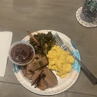 Brisket, greens and Mac n cheese.