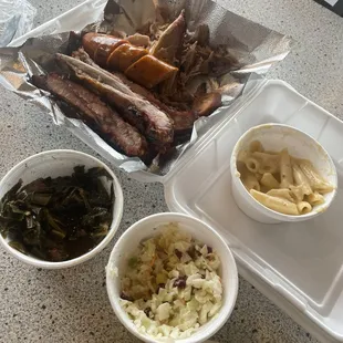 Pulled pork, ribs, jalapeño sausage, collard greens, Cole slaw and mac &amp; cheeee