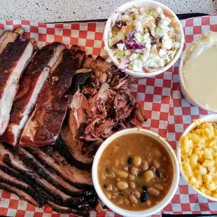 Feast for Four w/ Ribs, Brisket, Pulled Pork, Cole Slaw, Baked Beans, Red Potatoes &amp; Gravy and Mac &amp; Cheese