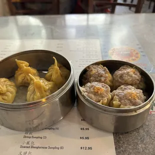 Pork/shrimp dumplings (left) and pork shumai (right).