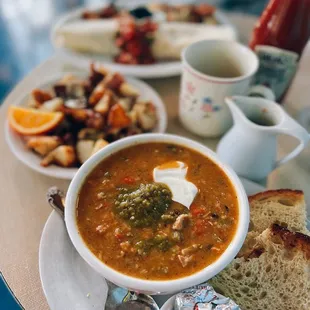Bowl of soup (chicken tortilla) and a side of homefried potatoes