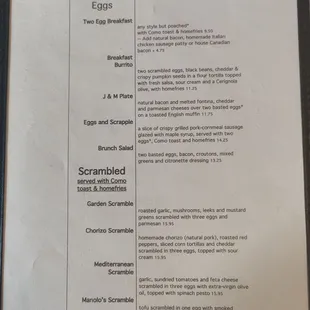 Breakfast Menu- Egg dishes and Scrambles