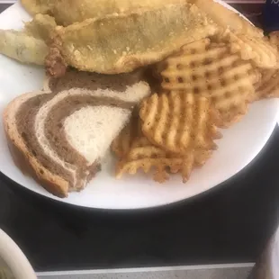 Perch dinner with waffle fries and marble rye! Yum!