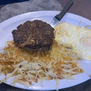 Hamburger Steak &amp; Eggs with hashbrowns