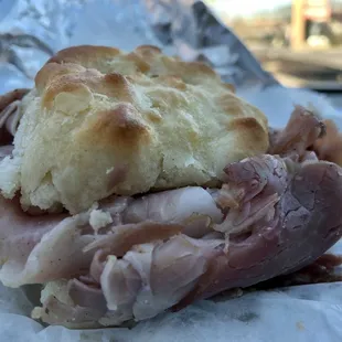 a ham and cheese biscuit sandwich