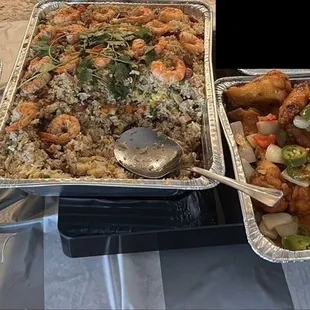 Papaya salad, combination fried rice and chicken wings